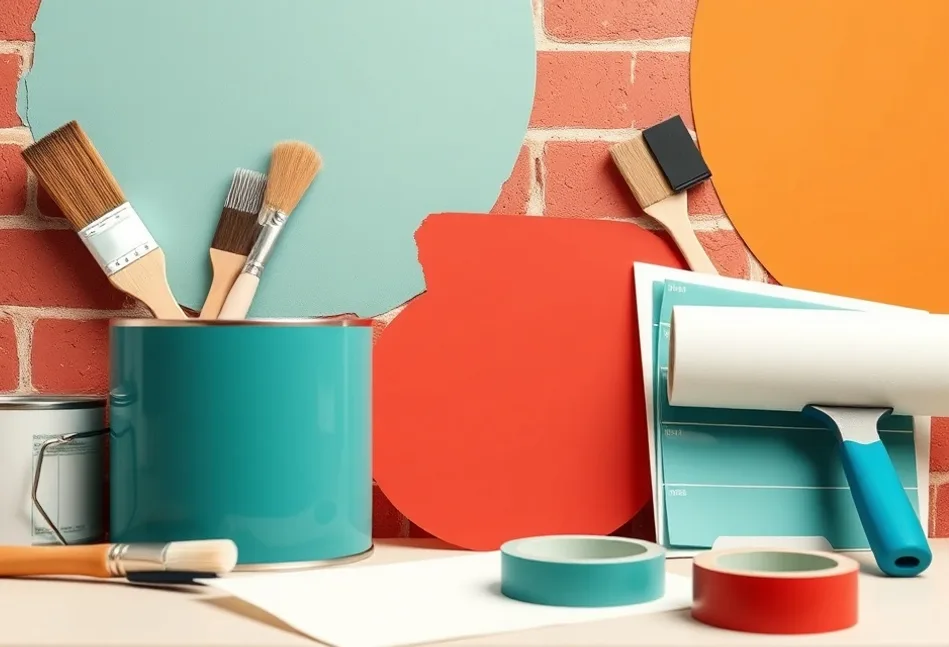 Pots de peinture, nuancier, brosses et rouleaux disposés à plat