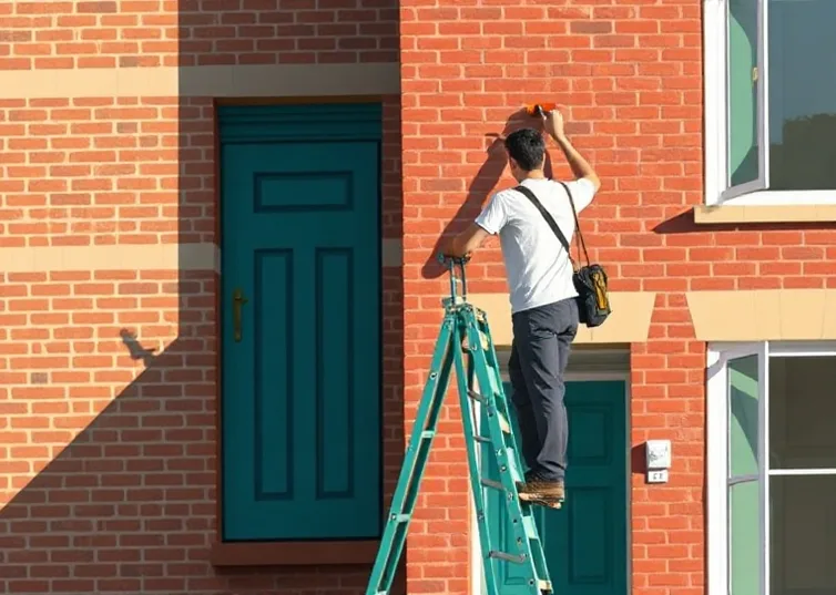 Peintre sur échafaudage traitant la façade d'une maison