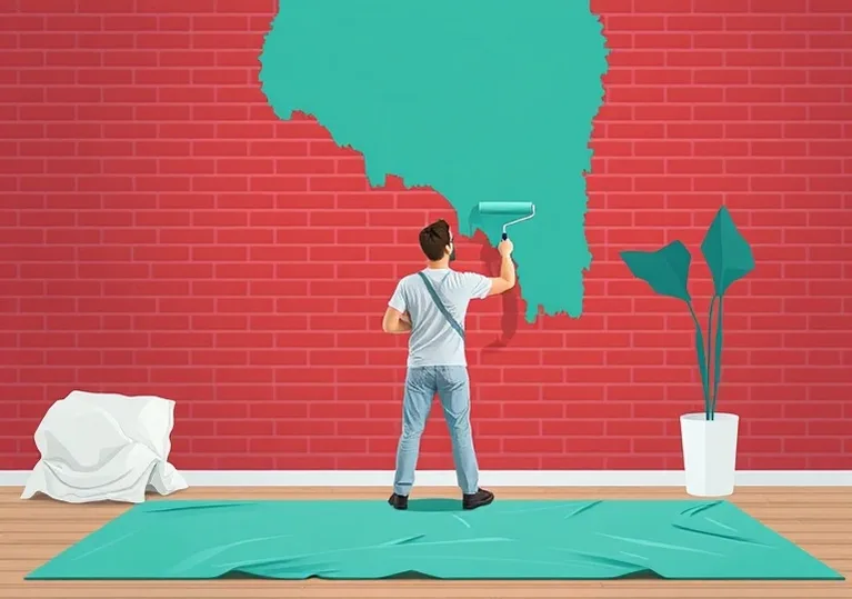 Peintre appliquant la peinture au rouleau sur un mur de salon